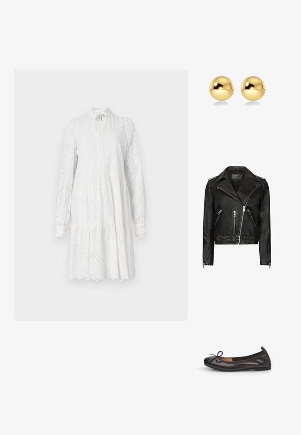 Melnas ādas motocikla jaka ar asimetrisku priekšpusi, vairākiem rāvējslēdzēju kabatām, platām atlokām un jostu viduklī. Klasisks dizains.; Balta garām piedurknēm kleita ar acu izšuvumu, augstu apkakli un daudzslāņu svārkiem. Iezīmē viļņotu apakšmalu un nelielu savilkumu viduklī.; Melnas ādas baleta kurpes ar noapaļotu purngalu, plānu loku priekšpusē un elastīgu apdari drošai piestāšanai. Līdzena zole komfortam.; Zeltainas sfēriskas auskaru pušķis ar mirdzošu, atstarojošu virsmu. Dizains ir vienkāršs un gluds, radot modernu, minimālistisku izskatu.