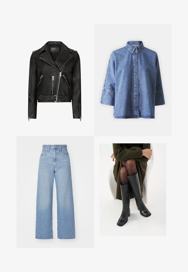 Black leather motorcycle jacket with asymmetrical front zippers, multiple zippered pockets, wide lapels, and a belted waist. Classic design.; Denim shirt in light blue with long sleeves, pointed collar, front buttons, and a relaxed fit. Made of soft denim material.; Light blue high-waist wide-leg jeans with front button and zip closure, front and back pockets, on a white background.; Knee-high black leather boots with a squared toe and block heel, shown with a model seated in an olive green coat. Smooth texture, minimal detailing.