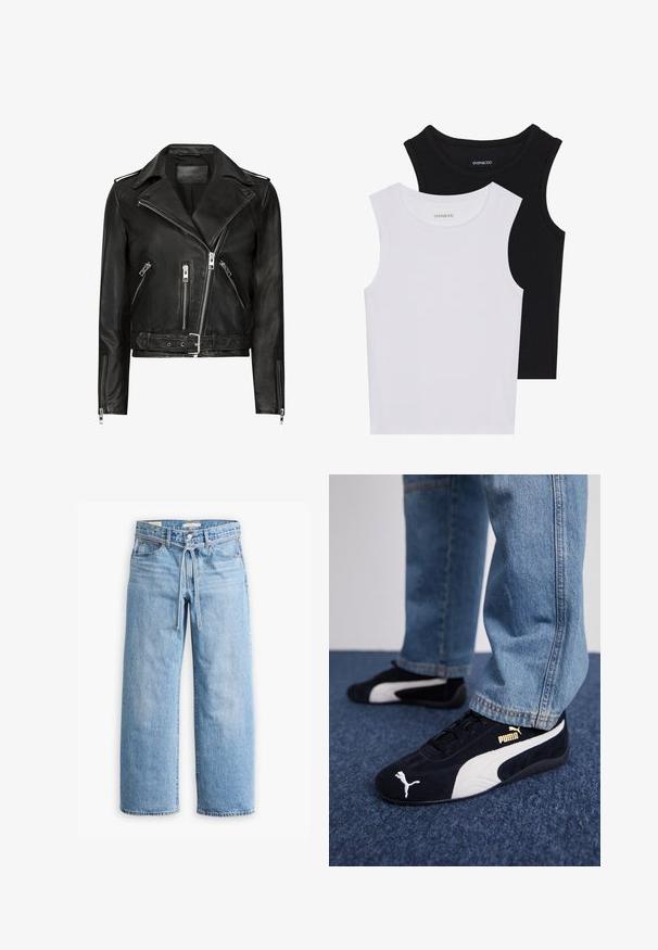 Zwarte leren motorjack met asymmetrische ritsen aan de voorkant, meerdere ritszakken, brede revers en een ceintuur in de taille. Klassiek ontwerp.; Twee mouwloze tops in zwart en wit, gemaakt van geribbelde katoen, met ronde halslijnen en een getailleerd ontwerp. Labels zichtbaar op beide.; Lichtblauwe denim wijde broek met een hoge taille, knoop- en ritssluiting, en een trekkoorddetail in de taille. Afgeronde zoomafwerking.; Zwarte suède sneakers met witte accenten, voorzien van een gouden logo. Gemaakt met lichtblauwe spijkerbroek en geplaatst op een textuur blauwe ondergrond.