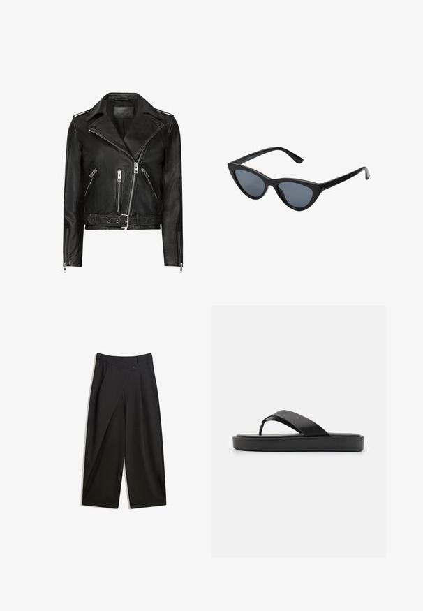 Svart lädermotorcykeljacka med asymmetriska framdragkedjor, flera dragkedjefickor, breda slag och midjebälte. Klassisk design.; Tyg med svarta prickar på en ljusbeige bakgrund. Mönstret har jämnt fördelade, solida cirklar på en slät yta.; Svarta vida byxor i släckt tyg. Har en framfåll, knappstängning och en skräddarsydd midja för en strömlinjeformad passform.; Svarta flip-flopsandaler med ett slätt övre rem och en texturerad plattformssula. Minimalistisk design med en låg profil silhuett.; Svart kattögon-solglasögon med mörkgrå linser, slimmad plastbåge, spetsiga hörn och raka skalmar. Ingen synlig hårdvara eller accenter.; Naturlig vävd stråväska med en texturerad yta, stor öppen topp, rundad form och ett mörkt läderhandtag. Har en svart detalj vid basen.