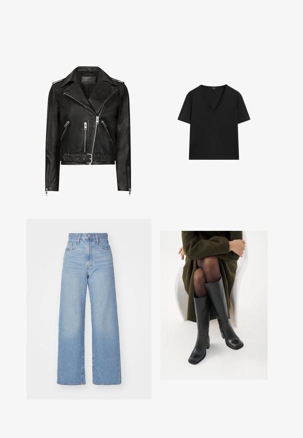 Black leather motorcycle jacket with asymmetrical front zippers, multiple zippered pockets, wide lapels, and a belted waist. Classic design.; Black short-sleeve V-neck T-shirt with a simple, fitted design on a white background.; Light blue high-waist wide-leg jeans with front button and zip closure, front and back pockets, on a white background.; Knee-high black leather boots with a squared toe and block heel, shown with a model seated in an olive green coat. Smooth texture, minimal detailing.