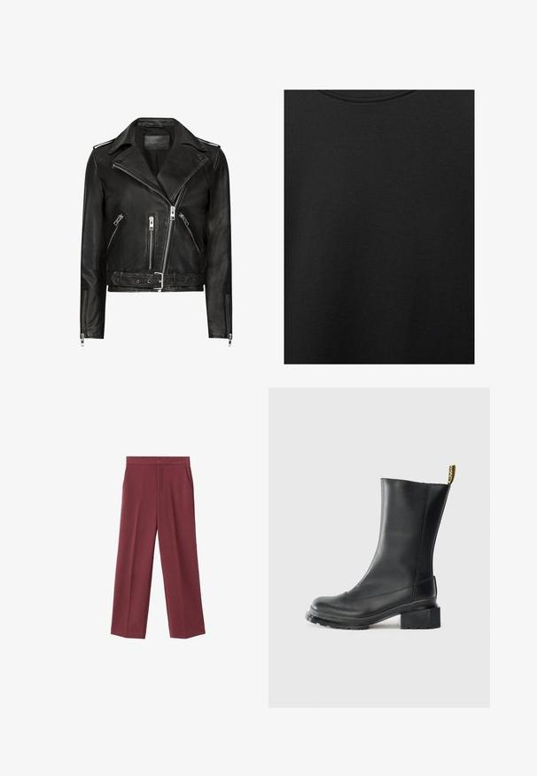 Zwarte leren motorjack met asymmetrische ritsen aan de voorkant, meerdere ritszakken, brede revers en een ceintuur in de taille. Klassiek ontwerp.; Zwarte katoen stof met een soepele textuur en een ronde halslijn, met een subtiele, gelijkmatige nerfpatroon. Geen zichtbare logo's of accenten.; Bordeaux brede broek met een zachte textuur, voorzien van zijzakken en een hoogtaille ontwerp. Strak gesneden met een nette voorplooi.; Zwarte leren enkellaars met een blokhak, gladde textuur, ronde neus en een haklus met gele branding.