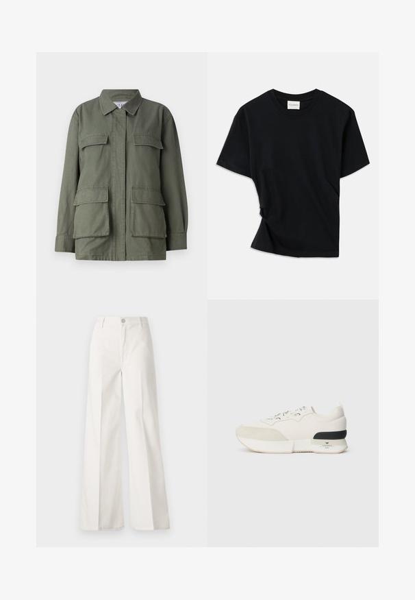 Olijfgroen jack van een katoenmix met een kraag, rits aan de voorkant en vier externe opgestikte zakken. Heeft lange mouwen.; Zwarte t-shirt van zachte katoen, met een ronde hals, korte mouwen en een licht gedraaide stijl voor een ontspannen pasvorm.; Witte wijde-broek gemaakt van katoen met een gladde textuur. Voorzien van een knoop aan de voorkant, ritsopening en vierzakkenontwerp.; Witte sneaker met een getextureerde suede neuskap, een soepel mesh bovenwerk, decoratieve veters en een zwarte rubberen hakaccent.