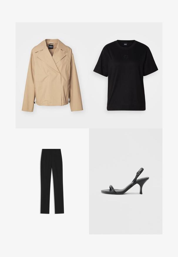 Beige, lightweight, long-sleeve jacket with a notched collar, double-breasted design, and subtle sheen; features side pockets and adjustable hem.; Black cotton t-shirt with a crew neckline, short sleeves, and an embroidered logo on the chest. Simple, relaxed fit with no patterns.; Black tailored trousers with a straight-leg design, featuring front pockets and a smooth, textured fabric. Neat, minimal detailing.; Black leather high-heeled sandals with a slim, curved heel and a crossed strap design. Adjustable ankle strap. Smooth texture.