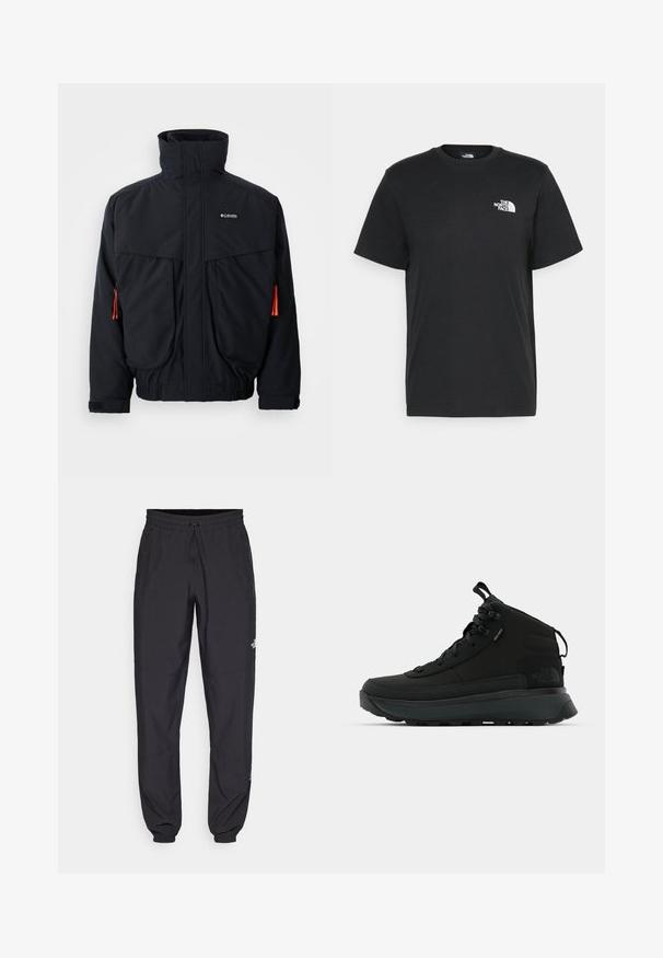 Black waterproof jacket with high collar, two large front pockets, and orange drawstring accents. Features a soft inner lining and elastic cuffs.; Black cotton t-shirt with short sleeves, crew neck, and a small white logo on the left chest. Simple design, smooth texture, and relaxed fit.; Black athletic pants made from lightweight fabric, featuring a drawstring waistband, side pockets, and tapered cuffs at the ankles.; Black mid-cut hiking boots with a textured fabric upper, reinforced toe cap, secure lacing system, and a cushioned sole for traction.