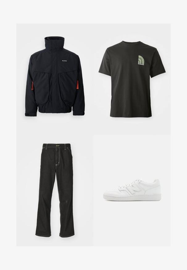 Mustat vedenpitävät takki korkealla kauluksella, kaksi suurta etutaskua ja oranssit nyöriaksentit. Ominaisuuksiin kuuluu pehmeä sisävuori ja joustavat hihansuut.; Musta lyhythihainen pyöreäkauluksinen t-paita, jossa on pieni vihreä ja valkoinen neljänneksen kehän logo ja "The North Face" -teksti vasemmassa rinnassa.; Mustat farkut, joissa on löysä istuvuus, erottuva valkoinen ompelu, nappikiinnitys ja suora lahje.; Valkoiset tennarit, jotka on valmistettu sileästä nahasta. Niissä on perforoitu varpaat, teksturoitu kumipohja, litteät nauhat ja korostettu 'N' -logo sivussa.