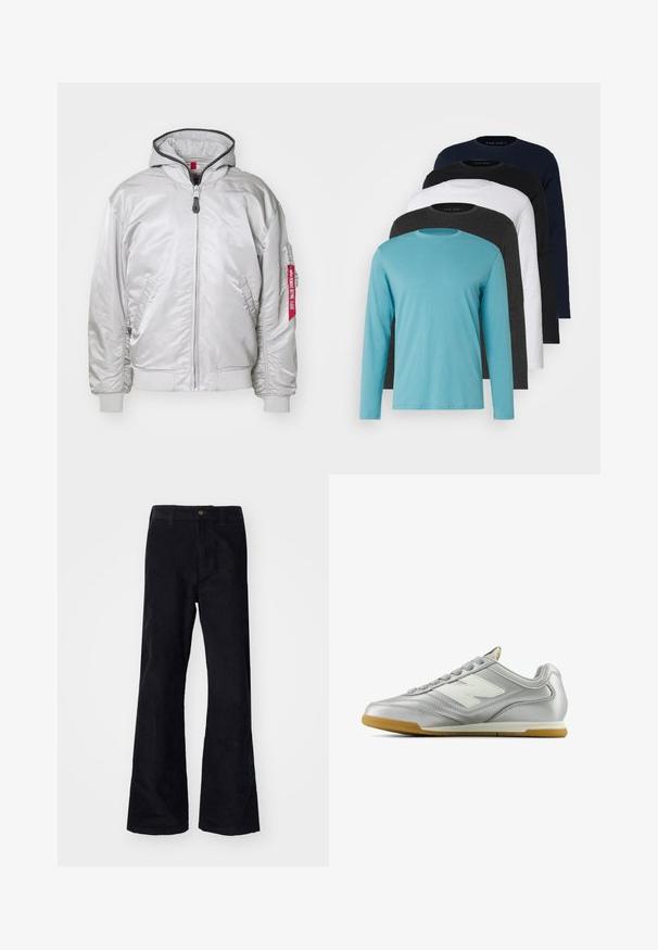 Casaco bomber prateado com fecho à frente, punhos canelados e bolsos laterais. Apresenta um capuz e uma etiqueta de tecido na manga. Textura suave.; Cinco T-shirts de manga longa em fila: turquesa, preto, branco, cinza escuro e azul-marinho. Tecido suave com design de gola redonda e ajuste padrão.; Calças pretas em algodão com corte flare, cintura tradicional, botão frontal único e bolsos nas laterais e nas costas. Textura suave.; Sapatilha atlética prateada com uma superfície lisa e brilhante, logo branco de um lado, cadarços cinzentos texturizados e sola em borracha de goma.