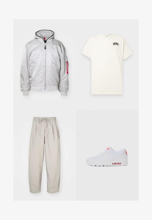 Silberne Bomberjacke mit Reißverschluss vorne, gerippten Bündchen und seitlichen Taschen. Verfügt über eine Kapuze und ein Stoffetikett am Ärmel. Glatte Textur.; Cremfarbens Baumwoll-T-Shirt mit kurzen Ärmeln, das "NIKE SB" in schwarzem und rotem Text auf der Brust zeigt. Klassischer Rundhalsausschnitt.; Beige, leichte Hose mit elastischem Bund und Zugband. Sie verfügt über Falten und eine lockere Passform, gefertigt aus weichem, glattem Stoff.; Weiße Sportsneaker mit einem glatten Obermaterial, Schnürverschluss, gepolsterter Sohle und einem sichtbaren Luftpolster mit roten Akzenten im Branding.