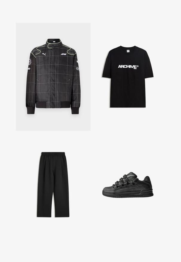 Crna trkačka jakna s uzorkom mreže, s zelenim šavovima, visokim ovratnikom i rebrastim manžetama. Logotipi na rukavima i prsima. Lagani materijal.; Crna pamučna majica s bijelim 'ARCHIVE inc.' logotipom preko prsa, kratkim rukavima i okruglim izrezom.; Crne hlače širokih nogavica s elastičnim pojasom i bočnim džepovima, prikazane ravno na bijeloj pozadini.; Crne tenisice s glatkom kožnom gornjom površinom, teksturiranim detaljima i okruglim crnim i bijelim vezicama. Debeli gumeni potplat s uzorkom.