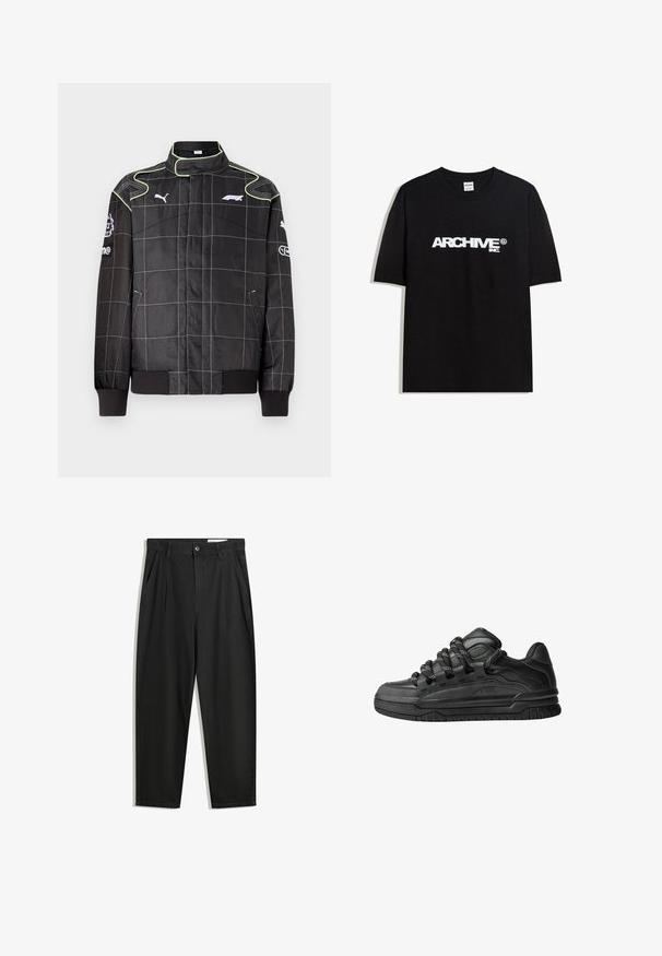 Crna trkačka jakna s uzorkom mreže, s zelenim šavovima, visokim ovratnikom i rebrastim manžetama. Logotipi na rukavima i prsima. Lagani materijal.; Crna pamučna majica s bijelim 'ARCHIVE inc.' logotipom preko prsa, kratkim rukavima i okruglim izrezom.; Crne pamučne hlače s opuštenim krojem, s klasičnim pojasom, prednjim nabranjima i bočnim džepovima. Glatka tekstura bez uzoraka.; Crne tenisice s glatkom kožnom gornjom površinom, teksturiranim detaljima i okruglim crnim i bijelim vezicama. Debeli gumeni potplat s uzorkom.
