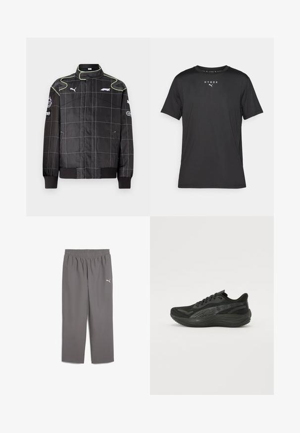 Melnā sacīkšu jaka ar režģa rakstu, ar zaļiem diegiem, augstu apkakli un ribotām aprocēm. Logo uz piedurknēm un krūtīm. Viegls materiāls.; Melnas īsām piedurknēm sporta T-krekls, kas izgatavots no viegla auduma. Iezīmēts ar apaļu kakla izgriezumu un uzdrukātu "HYROX" logo ar Puma simbolu priekšpusē.; Pelēkas sporta bikses ar elastīgu jostu, izgatavotas no viegla auduma. Kreisajā kājā ir neliels balts logo.; Melna sporta kurpe ar teksturētu acu augšdaļu, plakanām auklām un mīkstu zolīti, kurai ir smalkas atstarojošās akcenti.