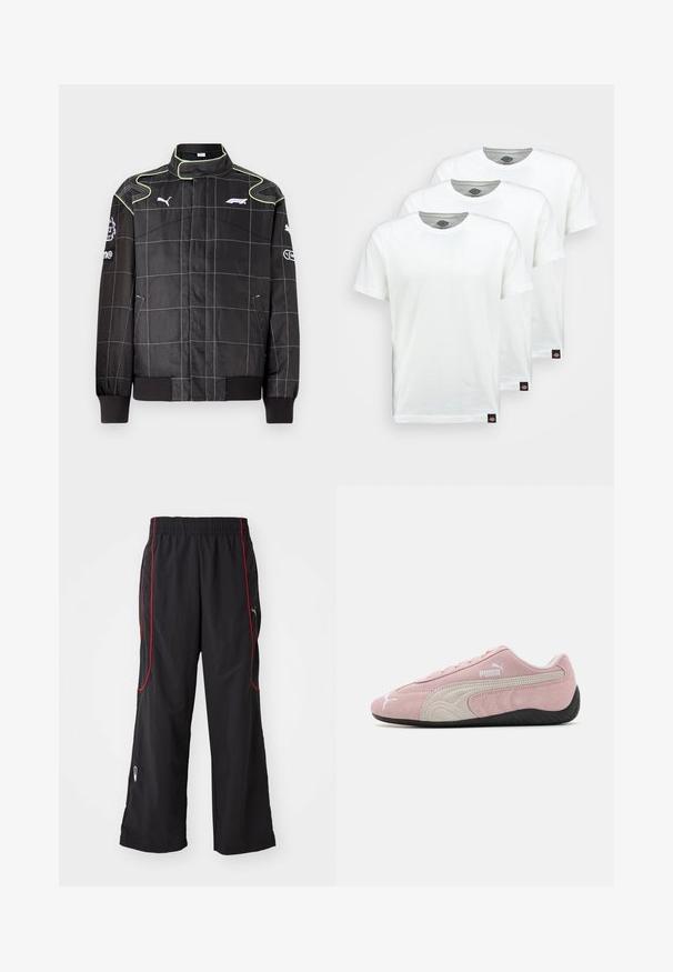 Crna trkačka jakna s uzorkom mreže, s zelenim šavovima, visokim ovratnikom i rebrastim manžetama. Logotipi na rukavima i prsima. Lagani materijal.; Tri obične bijele pamučne majice kratkih rukava. Svaka majica ima okrugli izrez i malu crnu oznaku s logom sa lijeve strane.; Crne sportske hlače s elastičnim pojasom, crvenim bočnim rubovima, džepovima s patentnim zatvaračem i slobodnim krojem. Izrađene od laganog, teksturiranog materijala.; Ružičaste suede tenisice s sivim akcentima, elegantan dizajn, teksturirani gornji dio i crna gumena potplat. Sadrži Puma logotip sa strane.