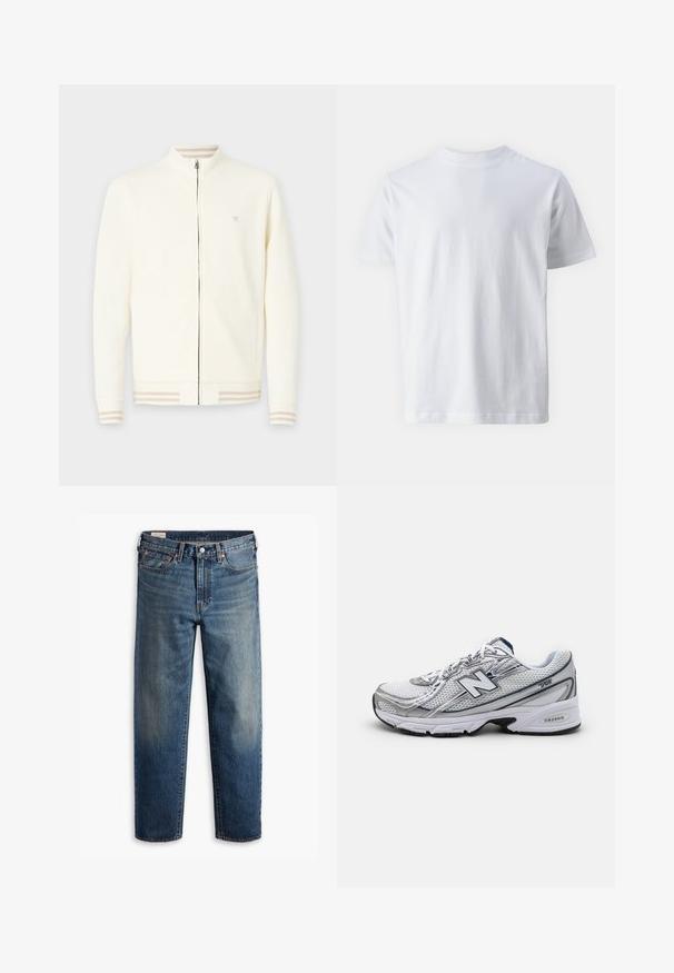 Krema barve zadrževalna jakna iz mehkega materiala, z visokim ovratnikom, rebrastimi manšeti z bež črtami in majhnim logotipom na prsih.; Bela kratka majica s kratkimi rokavi, narejena iz bombaža, z okroglo ovratnikom in gladko teksturo, s pravim krojem in brez vzorcev.; Modre naravnost krojene jeans hlače iz denima s klasičnim pet-pocket dizajnom, zapenjanjem na gumb in subtilnim zbledelim pranjem na stegnih in kolenih.; Atletski čevlj po meri New Balance s mrežastim zgornjim delom, pretežno bel z sivo in mornarsko modro akcenti, ki vključuje oblazinjen podplat in teksturirane podrobnosti.