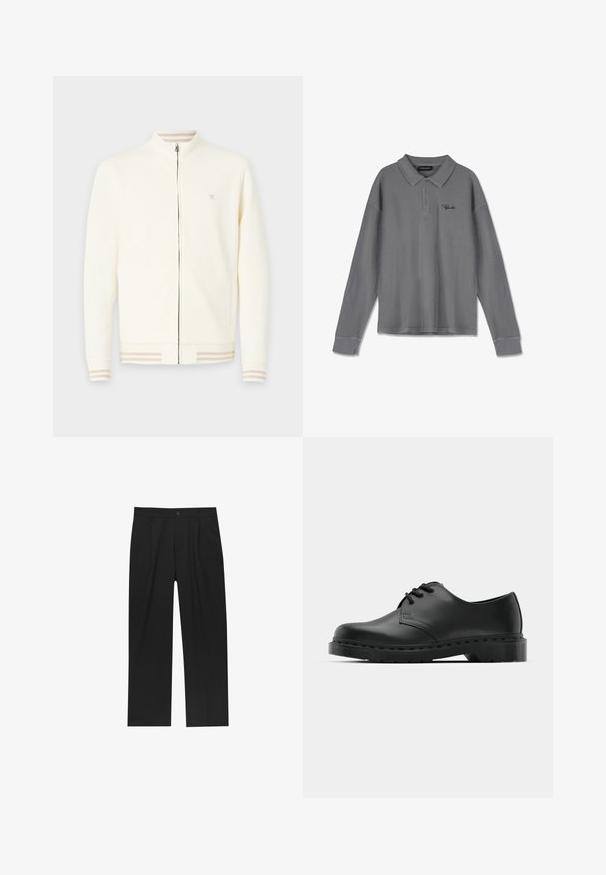 Giacca a zip color crema realizzata in tessuto morbido, con colletto alto, polsini a costine con strisce beige e un piccolo logo sul petto.; Polo a maniche lunghe in tessuto a righe grigio. Caratterizzato da colletto, patta con tre bottoni e un discreto marchio nero sul petto.; Pantaloni neri con un design a gamba dritta, realizzati in un tessuto liscio. Presentano pieghe frontali e una chiusura a un bottone in vita.; Scarpa oxford in pelle nera con design con lacci, punta arrotondata, suola piatta in gomma e dettagli di cucitura discreti lungo la parte superiore.