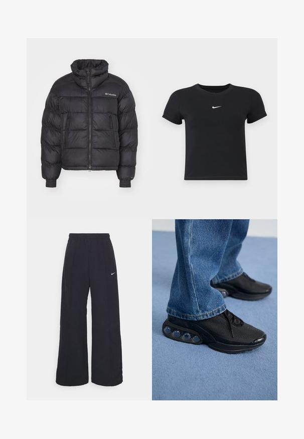 Črna puhovka z visokim ovratnikom, v pikčasti zasnovi, z zipom spredaj in stranskimi žepi; vsebuje elastične manšete in logotip blagovne znamke na prsih.; Črna kratka majica z rokavi iz bombaža s krožnim vratnim izrezom. Ima bel Nike logotip na prsih, minimalističen dizajn in oprijet kroj.; Črne široke hlače s elastiko v pasu in malim belim logotipom Nike. Tkanina ima gladko teksturo, zasnovano za udobje in sproščeno nošenje.; Črne športne superge z mrežastim zgornjim delom, teksturiranimi poudarki in vidnimi zračnimi blazinicami v podplatu. Obute z modrimi kavbojkami.