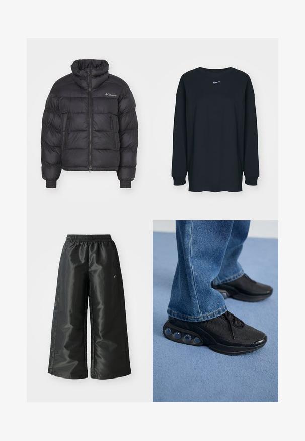 Sort pufferjakke med høj krave, quiltet design, lynlås foran og sidelommer; har elastiske manchetter og brandlogo på brystet.; Sort langærmet T-shirt lavet af bomuld med rund hals. Har et hvidt Nike-logo på brystet. Blød tekstur, enkelt design.; Sorte sportsbukser i et blankt, glat stof med en elastisk talje, brede ben og et lille logo på venstre side.; Sorte træningssko med mesh-overdel, teksturerede detaljer og synlige luftdæmpningspodere i sålen. Båret med blå denimjeans.