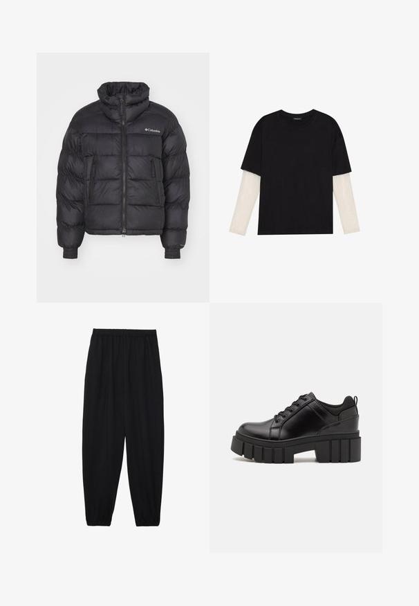 Black puffer jacket with high collar, quilted design, zippered front, and side pockets; features elastic cuffs and brand logo on the chest.; Black T-shirt made of cotton, featuring short sleeves over a white long-sleeve layer with a subtle textured pattern. Crew neckline design.; Black, lightweight pants with an elastic waistband and gathered ankles. The fabric is smooth and features a relaxed, tapered design.; Black leather platform shoes with a chunky block heel, round toe, and traditional lace-up design. Features smooth texture and minimal detailing.