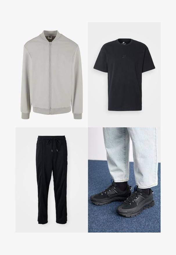 Gai pelēks bomber jakas izstrādājums no mīksta kokvilnas maisījuma, ar rāvējslēdzēja aizdari, ribinātu apkakli, piedurknēm un apakšmalu. Vienkāršs dizains un parasts piegriezums.; Nike melns kokvilnas T-krekls ar klasisku piegriezumu, īsām piedurknēm un smalku, reljefu logotipu uz krūškurvja. Gluda tekstūra.; Melnas bikses ar aukliņu jostas vietā, ar sānu kabatām un taisnu kāju griezumu uz vienkrāsaina fona.; Melni sporta apavi ar strukturētu audumu un gumijas zoli, ar elastīgām auklām un zilu akcentu uz papēža. Nēsāti ar gaišām džinsu biksēm.