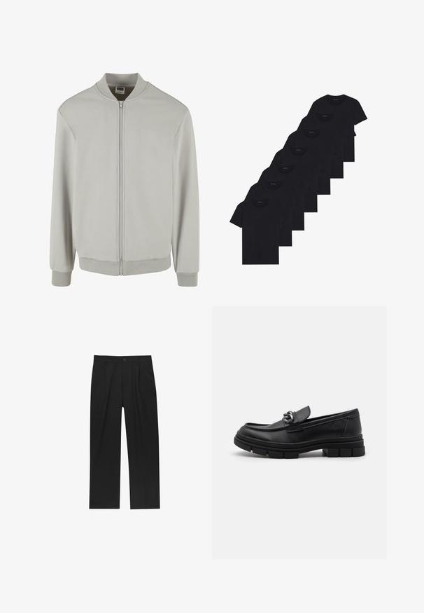 Jachetă bomber gri deschis, fabricată dintr-un amestec moale de bumbac, având închidere cu fermoar, guler, manșete și tiv din tricot. Design simplu și croială regulară.; Set de opt tricouri negre din bumbac cu mâneci scurte și gât rotund, având un design simplu și o textură moale.; Pantaloni negri cu un design drept, fabricați dintr-un material neted. Au plisse în față și un sistem de închidere cu un singur buton la talie.; Mocasini din piele neagră cu vârful rotund, o curea decorativă și accesorii metalice, și o talpă chunky texturată. Finisaj neted cu detalii subtile.