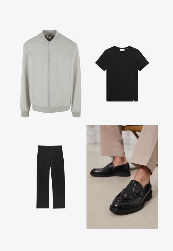 Svetle šedá bomber bunda vyrobená z měkké bavlněné směsi, s dvoucestným zipem, žebrovaným límcem, manžetami a spodním lemem. Jednoduchý design a pravidelný střih.; Černé tričko s krátkým rukávem vyrobené z bavlny, s kulatým výstřihem a malým vyšitým logem na hrudi. Hladká textura, standardní střih.; Černé kalhoty s rovnými nohavicemi, vyrobené z hladké tkaniny. Mají přední záhyby a jedno knoflíkové zapínání v pase.; Černé kožené loafers s hladkým povrchem, zdobené páskem a kontrastním prošíváním, spárované s béžovými kalhotami.