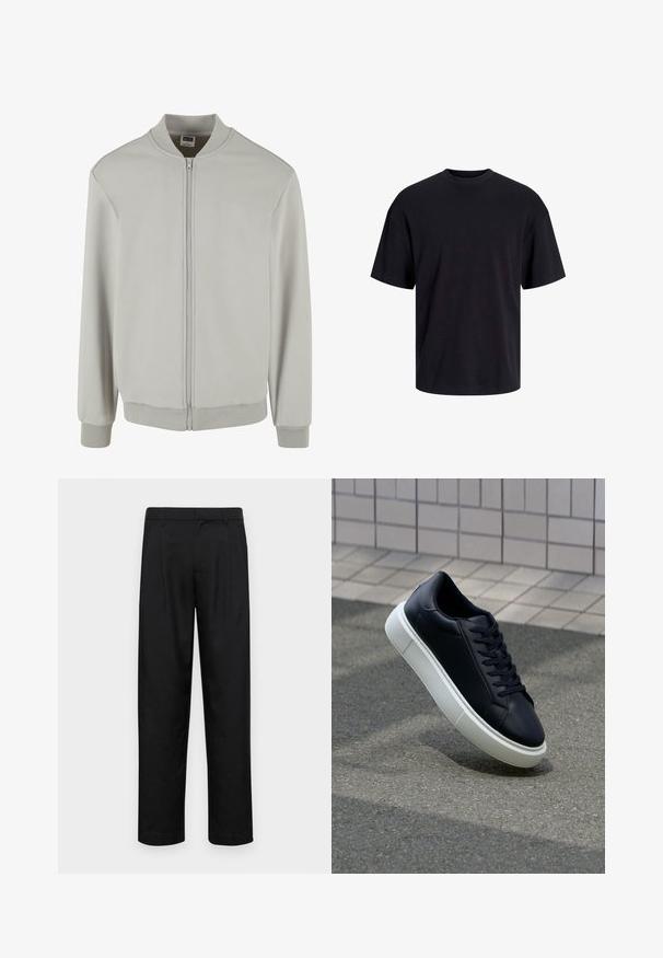 Svetlosivá bomber bunda vyrobená z mäkkej zmesi bavlny, s predným zipsom, rebrovaným golierom, manžetami a spodným okrajom. Jednoduchý dizajn a klasický strih.; Čierne bavlnené tričko s okrúhlym výstrihom, krátkymi rukávmi a uvoľneným strihom. Hladká textúra bez viditeľných vzorov alebo akcentov.; Čierne nohavice vyrobené z hladkej tkaniny, s rovnými nohavicami, dvoma prednými skladmi a štandardným pásom s pútkami na opasok.; Čierne kožené tenisky s okrúhlou špičkou a bielou gumovou podrážkou. Majú ploché šnúrky a minimálne šitie na vrchu. Textúrovaná podrážka pre lepšiu priľnavosť.