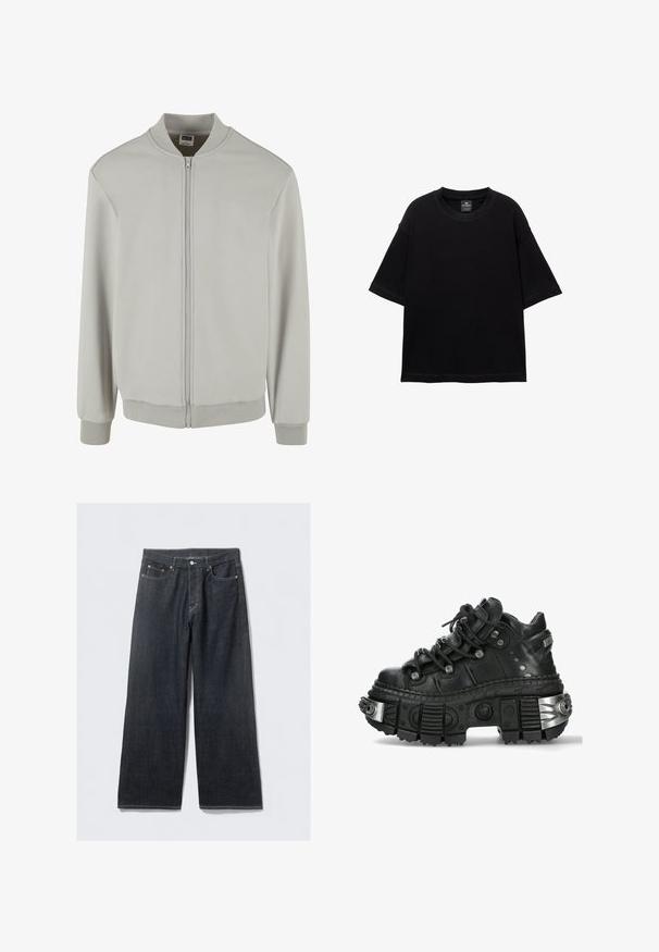Lichtgrijze bomberjack van een zachte katoenmix, met een rits sluiting, ribbelkraag, manchetten en zoom. Eenvoudig ontwerp en normale pasvorm.; Zwarte T-shirt met korte mouwen, gemaakt van katoen, met een ronde halslijn en een ontspannen pasvorm. Gladde textuur met minimale stikdetails.; Donkerdenim wijd uitlopende jeans met een hoge taille, voorzien van koperkleurige klinknagels en contraststiksels, een gladde textuur en geen zichtbare patronen.; Zwarte leren sneaker met dikke rubberen zool en metalen accenten. Voorzien van ronde veters en een verstevigd teengebied gemarkeerd door zilveren hardware.