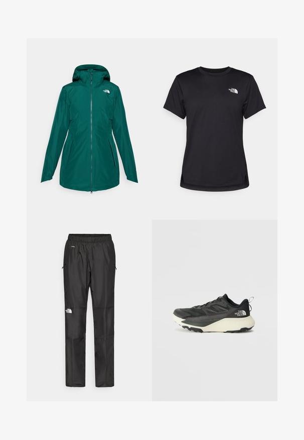 Teal vodoodporna jakna z zadrgo spredaj in nastavljivo kapuco. Ima stranske žepke in logo na zgornjem levem prsnem delu.; The North Face FLEX SHORT SLEEVES TEE - Športne majice - black; Črne nepremočljive hlače iz lahkega materiala, z elastičnim pasom, stranskimi žepi in logotipom na levi nogi.; Črne atletske čevlje z teksturiranim zgornjim delom, ki imajo sivo obrobo in belo srednjo podplat. Vključujejo zanko za vprego in izstopajočo blagovno znamko na peti.