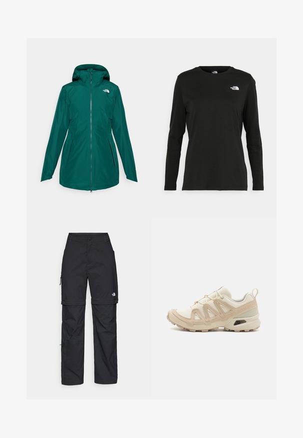 Tirkizna neprobojna jakna s prednjim zatvaračem i podesivom kapuljačom. Ima bočne džepove i logo na gornjem lijevom prsnom dijelu.; Crni dugih rukava majica od pamuka s okruglim izrezom. Ima mali bijeli logo na lijevoj strani prsnog područja. Jednostavan dizajn i kroj.; Crne najlon hlače s munjevim zatvaranjem, odvojive cargo hlače s podesivim manžetama, brojnim džepovima i logom na desnoj nozi. Glatka, lagana tekstura.; Bež i kremasti sportski tenisice s teksturiranim mrežastim gornjim dijelom, potpornih preklopa i gumeni potplat s uzorcima za prianjanje.