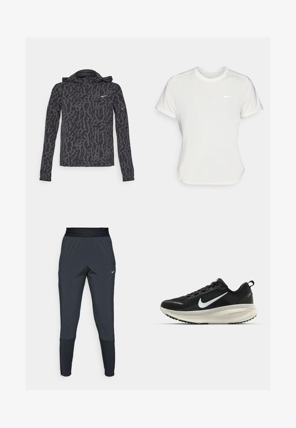 Giacca Nike con stampa leopardata nera e grigia, tessuto leggero, zip frontale, cappuccio e maniche lunghe con sottili accenti di branding.; T-shirt Nike bianco, maniche corte, scollatura rotonda, realizzata in un tessuto morbido e leggero. Presenta un logo discreto sul petto.; Pantaloni sportivi Nike di colore grigio scuro, caratterizzati da un design con gamba affusolata, vita elasticizzata e dettagli decorativi vicino ai polsini.; Scarpa da corsa nera Nike con tomaia in rete traspirante, logo Swoosh bianco, dettagli testurizzati e intersuola ZoomX di colore crema.