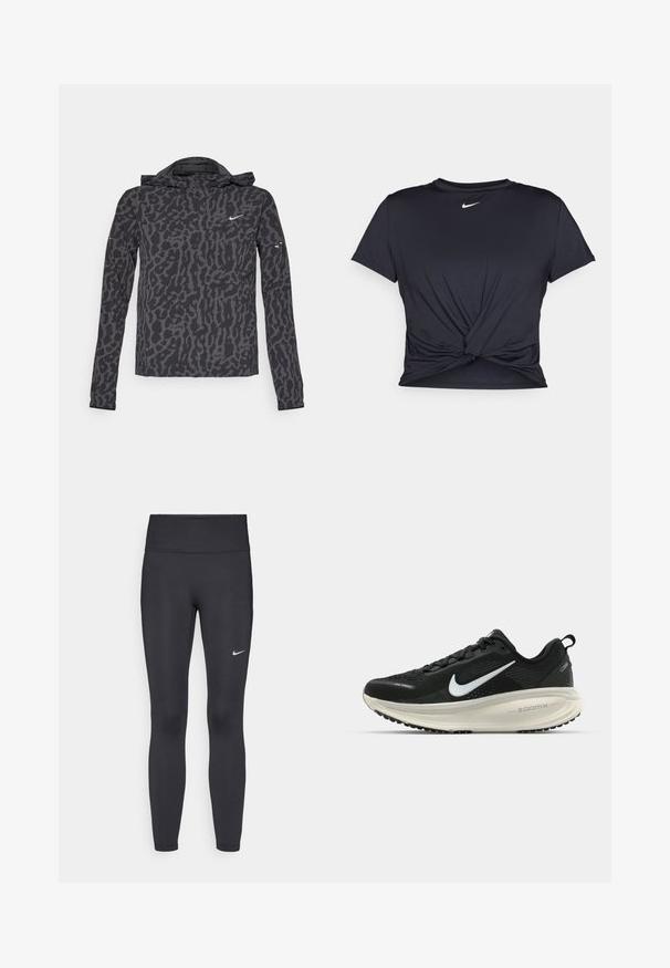 Nike-jacka med ett svart och grått leopardmönster, lättviktsmaterial, dragkedja fram, huva och långa ärmar med subtila varumärkesaccenter.; Svart atletisk t-shirt i mjukt tyg, med en knuten framdesign och en liten vit Nike-logga på bröstet.; Svarta leggings i elastiskt material, med hög midja och en vit Nike-logga på vänster lår. Slät textur, figurnära design.; Svart Nike löparsko med andningsbart mesh-ovandel, vit swoosh-logotyp, texturerad detaljering och en krämfärgad ZoomX-mellansula.