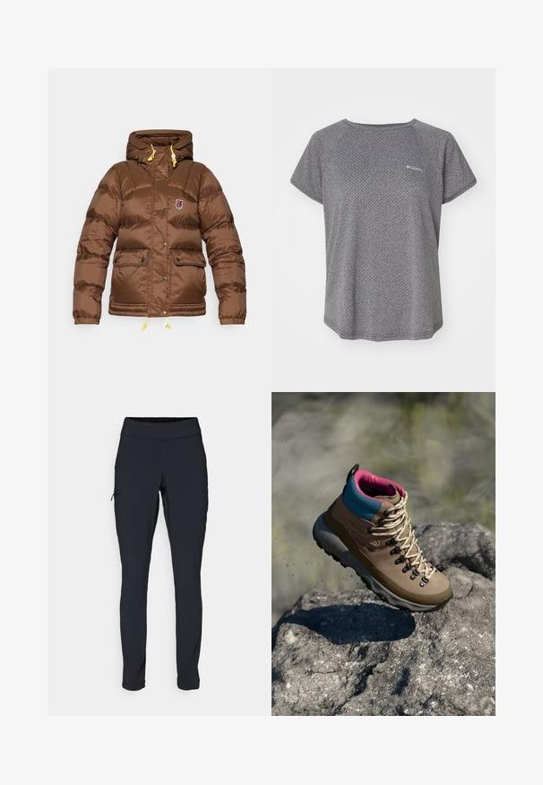 Fjällräven EXPEDITION DOWN LITE JACKET W - Down jacket - dark oak; Gray short-sleeve shirt featuring a subtle textured pattern, round neckline, and Columbia logo on the chest. Soft fabric, relaxed fit.; Black athletic pants with a slim fit, elastic waistband, and a side pocket featuring a zipper. Smooth, stretchy fabric with minimal seams.; Brown hiking boot with blue and pink accents, featuring a textured upper, gray rubber sole, and prominent lacing system.
