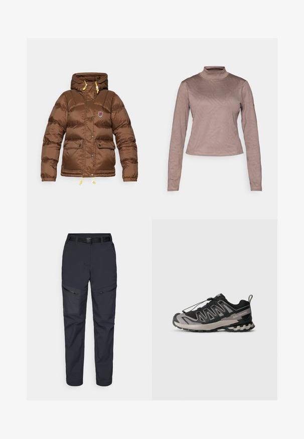Fjällräven EXPEDITION DOWN LITE JACKET W - Dunjacka - dark oak; Columbia GRANITE POINT™ - Långärmad tröja - iron; Marina utomhusbyxor i syntetmaterial, med dragkedjefickor, bälte och avsmalnande bendesign. Slät textur med minimal dekor.; Svart och grå sportskor med övre i mesh, gummisula och elastiskt snörsystem. Har en förstärkt tå och texturerade detaljer.