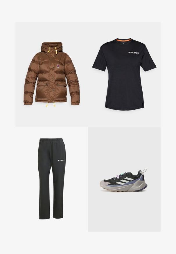 Fjällräven EXPEDITION DOWN LITE JACKET W - Pūkinė striukė - dark oak; Juodas trumpas rankovės marškinėliai su apvaliu kaklu, su subtiliu melange tekstūra ir baltu "TERREX" logotipu viršutiniame kairiajame kampe.; Juodos lengvos kelnės su elastine juosta. Pabrėžia subtilų baltą „TERREX“ logotipą. Lygus audinys ir tiesus kirpimas.; Juodas sportinis batas su Gore-Tex viršumi, baltomis juostelėmis, purpuriniais akcentais, storu pilku viduriniu padu ir tekstūruotu pilku išoriniu padu, kuris suteikia sukibimą.