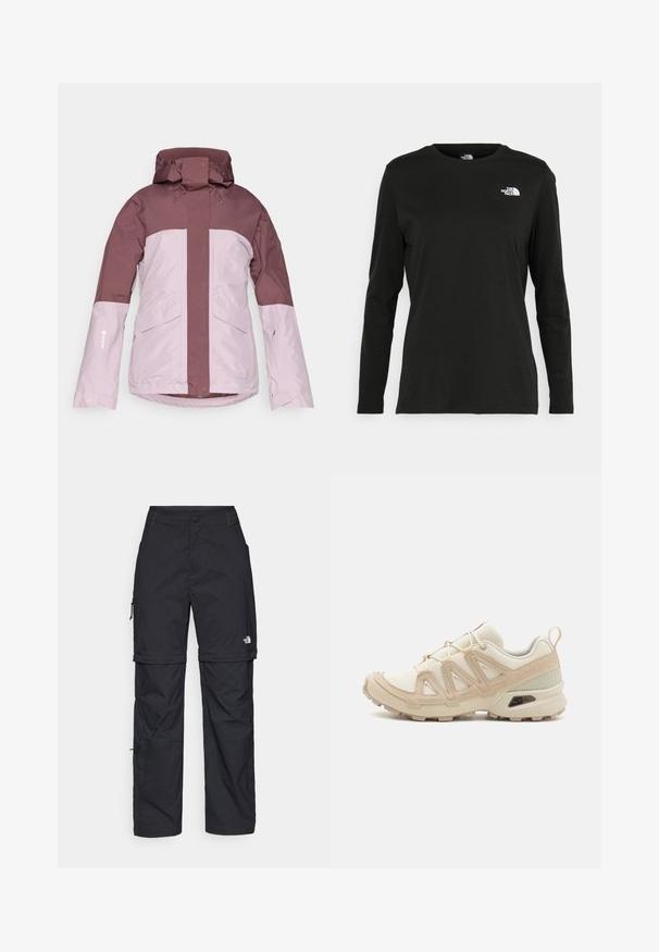Jachetă impermeabilă în roz închis și deschis, având un guler înalt, glugă ajustabilă, două buzunare frontale și o textură netedă.; Iarna neagră cu mânecă lungă, din bumbac, cu guler rotund. Prezintă un mic logo alb în zona pieptului stâng. Design simplu și croi lejer.; Pantaloni cargo din nylon negru, cu fermoar detașabil, manșete ajustabile, multiple buzunare și un logo pe piciorul drept. Textură netedă și ușoară.; Pantofii sport bej și crem au un superior din plasă texturată, suprapuneri de susținere și o talpă din cauciuc cu un model de profil pentru aderență.
