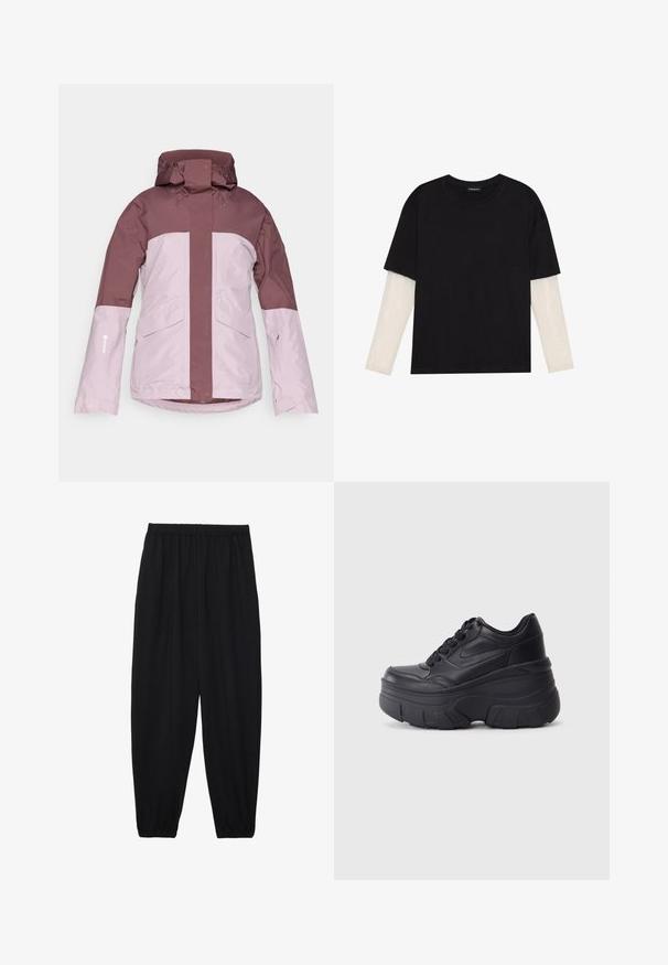 Waterproof jacket in dark and light pink, featuring a high collar, adjustable hood, two front pockets, and a smooth texture.; Black T-shirt made of cotton, featuring short sleeves over a white long-sleeve layer with a subtle textured pattern. Crew neckline design.; Black, lightweight pants with an elastic waistband and gathered ankles. The fabric is smooth and features a relaxed, tapered design.; Black lace-up sneakers with a chunky sole, featuring smooth leather upper, rounded toe, and distinct layered platform design.