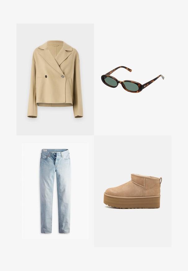 Chaqueta corta beige hecha de tela suave, con cuello de muesca, cierre de doble botón y dos bolsillos frontales.; Suéter marrón y difuso hecho de material suave, con un escote redondo y mangas largas. Diseño simple, acortado, sin patrones ni acentos visibles.; Vaqueros de mezclilla azul claro con corte recto, dos bolsillos frontales y dos bolsillos traseros. Incluye cierre de dos botones y costuras sutiles.; Botas de tobillo de ante beige con un interior suave, que cuentan con una suela tipo plataforma y una lengüeta en la parte posterior para ponérselas fácilmente. Suela de goma texturizada.; Gafas de sol de carey con montura ovalada y lentes verdes. Presentan brazos delgados con un detalle metálico cerca de las bisagras.; Bolso de mano negro acolchado con un logo dorado en forma de triángulo, que presenta una correa de cadena doble y una textura de cuero suave. Forma rectangular con cierre de solapa.