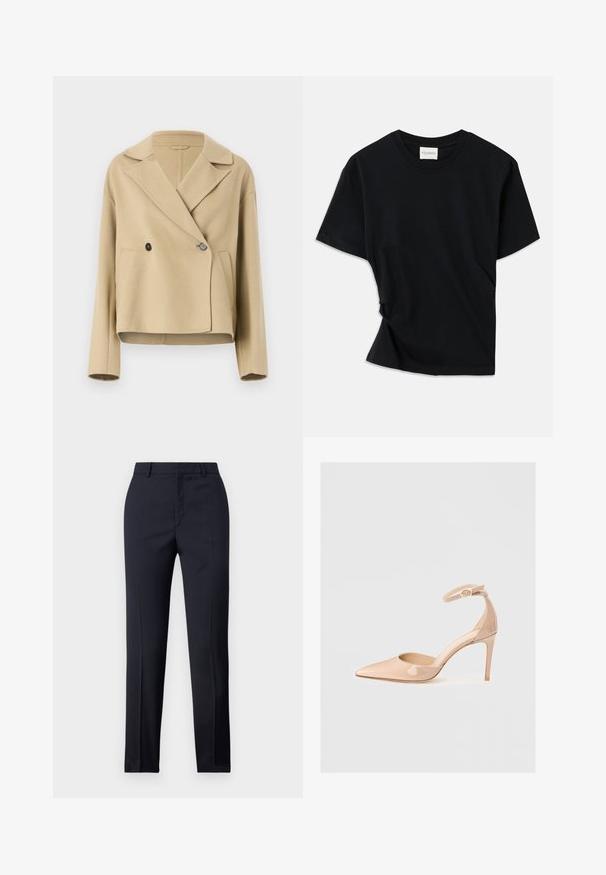 Beige takki, joka on valmistettu pehmeästä kankaasta, ja siinä on repsottava kaulus, kaksipainike suljenta ja kaksi etutaskua.; Musta t-paita, joka on valmistettu pehmeästä puuvillasta. Siinä on pyöreä pääntie, lyhyet hihat ja hiukan kiertyneenä oleva muotoilu, joka takaa rentotun fit.; Laivaston siniset räätälöidyt housut suoran leikkauksen omaavana, joissa on sileä pinta, kaksi etutaskua ja siisti vyötärö.; Nude lakattu kärkitossu, jossa on nilkkahihna ja tendo, ominaisuutena sileä pinta ja minimalistinen muotoilu.