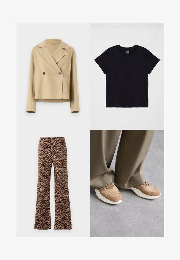 Beige cropped jacket made of soft fabric, featuring a notched collar, double-button closure, and two front pockets.; Black short-sleeve t-shirt made of soft cotton. Classic round neck design with a simple, unembellished surface and a relaxed fit.; Leopard print wide-leg pants in beige and black, featuring a smooth texture and tapered hem. Design with standard waistband and pockets.; Brown sports shoes featuring a mix of smooth leather and mesh materials, with a white rubber sole and subtle perforation details.