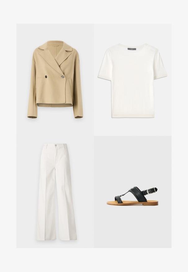 Casaco cropped bege feito de tecido macio, com gola caída, fecho de botão duplo e dois bolsos frontais.; Top de malha branco, de mangas curtas, com decote redondo, apresentando uma textura suave e discretos realces canelados nas mangas e na barra.; Calças largas brancas feitas de algodão com uma textura suave. Apresenta um botão frontal, fecho de correr e um design de quatro bolsos.; Sandalha preta em couro com fivela ajustável, sola plana em tom de areia e duas tiras largas cruzando sobre o pé, design minimalista.