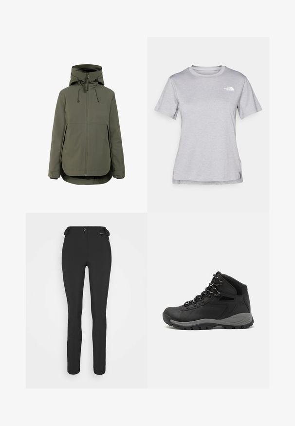 Veste imperméable vert olive avec un col montant, une capuche ajustable, une fermeture éclair frontale, deux poches latérales et des poignets élastiqués.; T-shirt gris à manches courtes fabriqué en tissu doux et évacuant l'humidité. Il présente un col rond et un petit logo blanc en haut à gauche.; Pantalons noirs ajustés en matériau flexible. Les caractéristiques comprennent une poche latérale zippée, des genoux articulés et une texture lisse.; Botte de randonnée noire au design mi-haut, avec un dessus texturé, des accents gris et une semelle en caoutchouc durable avec des crampons de traction.