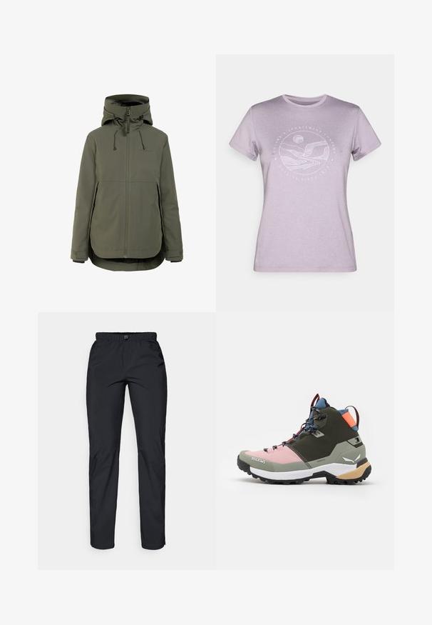 Olivgrüne wasserdichte Jacke mit hohem Kragen, verstellbarer Kapuze, Reißverschluss vorne, zwei Seitentaschen und elastischen Bündchen.; Helles lila T-Shirt mit kurzen Ärmeln aus weichem Stoff, das ein weißes rundes Grafikdesign mit Bergen und Sonne zeigt, mit dem Text "Columbia Sportswear Company."; Schwarze, leichte, wasserabweisende Hose mit elastischem Bund und zwei Seitentaschen; glatte Textur; gerade Beinform.; Salewa PUEZ MID PTX - Hikingschuh - dark olive/shadow