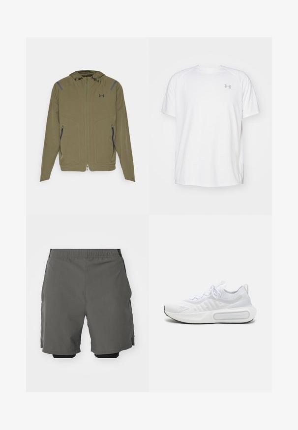 Under Armour UNSTOPPABLE JACKET - Õuejope - marine/green/black; Valge lühikeste varrukate ja sportliku lõikega särk, millel on sile kangas. Omab ümarat kaelust ja halli logo vasakul rinnal, ning külgsuured lõhik kui lõhateel.; Halljinad hallid spordilühikesed püksid, millel on sile ja kerge kangas ning elastne vöökoht. Tootel on sisemised kompressioonishortsid ja küljetaskud.; Valge spordijalats, millel on tekstuuriga kudumipealne, kinnitatav nööri sulgemine, pehmendusega tald ning silmapaistev brändingu detail külje peal.