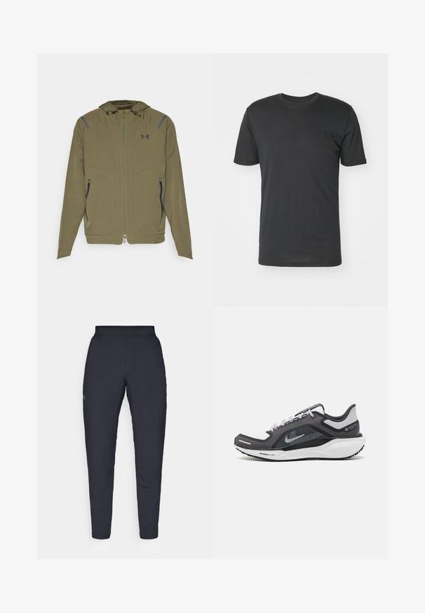 Under Armour UNSTOPPABLE JACKET - Outdoorjacke - marine/green/black; Schwarzes T-Shirt mit kurzen Ärmeln aus Baumwolle, mit einem runden Ausschnitt und einem kleinen schwarzen Logo auf der linken Brustseite.; Schwarze Sporthose mit glatter Textur, schlankem Schnitt, elastischem Bund und seitlichen Taschen. Mit einem kleinen Logo auf dem linken Oberschenkel.; Schwarzer und grauer Sportschuh mit einem Mesh-Obermaterial, reflektierenden Akzenten und einer weißen Zwischensohle. Verfügt über eine strukturierte Gummisohle und Schnürsenkel.