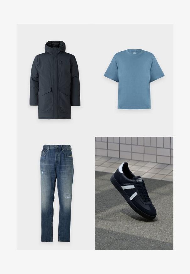 Parka gris oscuro con capucha, que cuenta con un cierre frontal, dos bolsillos grandes y un bolsillo en el pecho. Fabricada con un material texturizado y resistente a las inclemencias del tiempo.; Camiseta de manga corta azul, hecha de algodón, con cuello redondo y un corte relajado. Textura suave, diseño minimalista, sin patrones ni acentos.; Jeans de mezclilla en un color azul deslavado, con un diseño de pierna recta, un desgaste moderado en la parte delantera y un estilo clásico de cinco bolsillos.; Zapatilla de cuero negra con rayas blancas, suela de goma texturizada y parte frontal con cordones. Cuenta con una etiqueta de marca en la lengüeta.