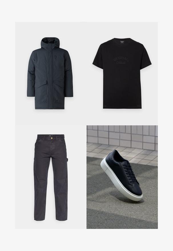 Parka grigio scuro con cappuccio, dotata di una cerniera frontale, due grandi tasche e una tasca sul petto. Realizzata in un materiale testurizzato e resistente alle intemperie.; T-shirt in cotone nero con maniche corte e scollatura rotonda. Presenta la scritta "ORIGINALS Studio" in rilievo con lettering tonale sul davanti.; Pantaloni cargo grigio scuro realizzati in tessuto resistente, con un taglio dritto, cinque tasche e chiusura a bottoni in vita.; Sneaker in pelle nera con punta arrotondata e suola in gomma bianca. Presenta lacci piatti e cuciture minime sulla parte superiore. Suola testurizzata per una migliore aderenza.