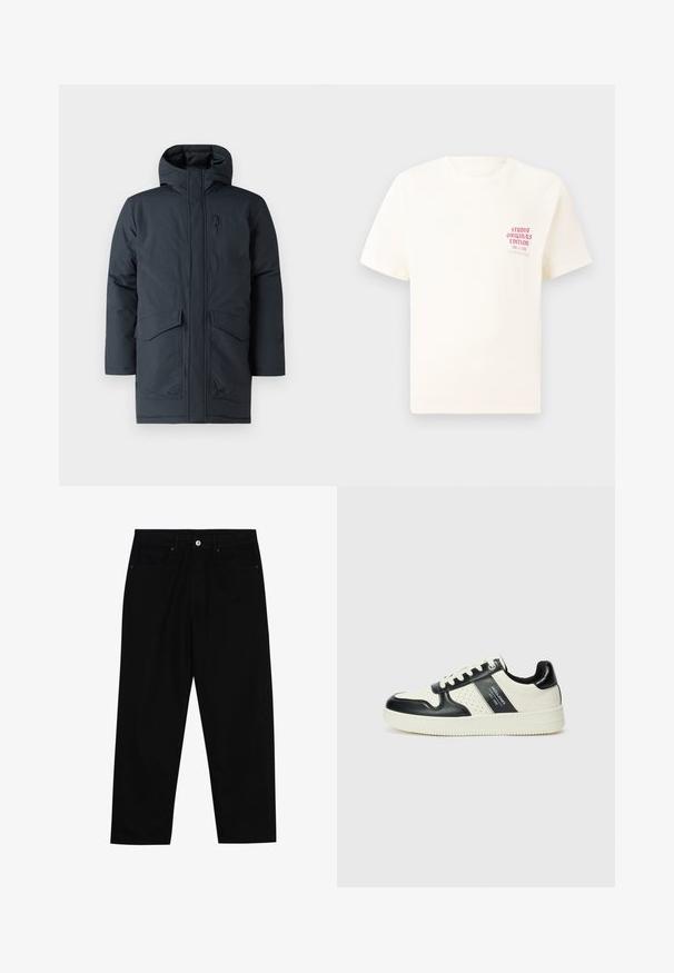 Mörkgrå parka med huva, har en frontdragkedja, två stora fickor och en bröstficka. Tillverkad av ett texturerat, väderbeständigt material.; Vit kortärmad T-shirt med röd text "Studio Originals Edition" på vänster bröst, är uppställd på en neutral grå bakgrund.; Svarta denimbyxor med rak passform, femficksdesign och framknäppning. Slät textur med minimala sömdetaljer.; Läder sneakers med en svart och krämfärgad färgsättning, med perforerade detaljer, en vadderad krage och en strukturerad yttersula.