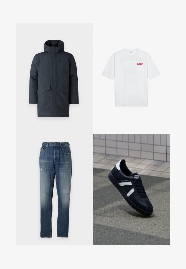 Tmavě šedá parka s kapucí, s předním zipem, dvěma velkými kapsami a kapsou na prsou. Vyrobena z texturovaného, odolného proti povětrnostním vlivům materiálu.; Bílý bavlněný tričko s krátkým rukávem a kulatým výstřihem, na přední straně s červeným grafickým textem "VYNIKAJÍCÍ OSVĚŽUJÍCÍ OVOCNÝ".; Džínové kalhoty s bledě modrou barvou, rovný střih, mírným opotřebením vpředu a klasickým pětitovkovým stylem.; Černé kožené tenisky s bílými pruhy, texturovanou gumovou podrážkou a šněrováním vpředu. Obsahují značenou etiketu na jazyku.