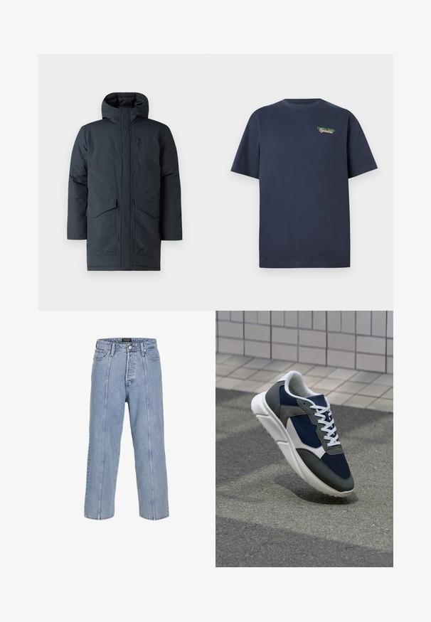 Dunkelgrauer Parka mit Kapuze, ausgestattet mit einem Reißverschluss vorne, zwei großen Taschen und einer Brusttasche. Hergestellt aus einem strukturierten, wetterbeständigen Material.; Marineblaues kurzärmliges Baumwoll-T-Shirt mit "London Fields Superstore" in Grün und Rot auf der oberen linken Brust gestickt.; Hellblaue Denim-Jeans mit lockerer Passform, weitem Bein und sichtbaren Stickdetails. Mit Knopf- und Reißverschluss, fünf Taschen.; Sneaker mit einem Obermaterial aus navyblauem Mesh, grauen Wildlederelementen, einer weißen Gummisohle und flachen weißen Schnürsenkeln, entworfen für Komfort und Atmungsaktivität.