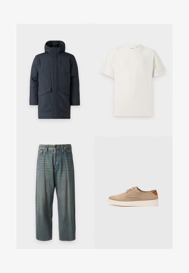 Dunkelgrauer Parka mit Kapuze, ausgestattet mit einem Reißverschluss vorne, zwei großen Taschen und einer Brusttasche. Hergestellt aus einem strukturierten, wetterbeständigen Material.; Weißes T-Shirt mit kurzen Ärmeln in gerippter Textur. Runder Ausschnitt, lockere Passform, keine sichtbaren Muster oder Akzente. Einfaches und vielseitiges Design.; Helle blaue Denim-Jeans mit lockerer Passform, mittelhoher Taille und geraden Beinen. Hat fünf Taschen, Gürtelschlaufen und einen Knopfverschluss.; Beige Wildleder-Sneaker mit runder Zehenpartie, Schnürung und strukturiertem Rückenteil. Die weiße Gummisohle sorgt für einen Kontrast. Einfaches und modernes Design.