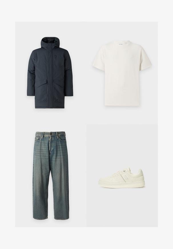 Parka grigio scuro con cappuccio, dotata di una cerniera frontale, due grandi tasche e una tasca sul petto. Realizzata in un materiale testurizzato e resistente alle intemperie.; T-shirt bianca a maniche corte in texture a coste. Girocollo, vestibilità rilassata, senza modelli o accenti visibili. Design semplice e versatile.; Jeans di denim azzurro chiaro con vestibilità ampia, vita media e gambe dritte. Presenta cinque tasche, passanti per cintura e chiusura con bottone.; Sneaker color crema con dettagli perforati, lacci e logo sul lato, esposta su uno sfondo bianco semplice.